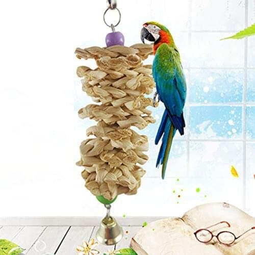 Bird Parrot Toy with Bell Natural Wooden Grass Chewing Bite Hanging Cage Swing Climb Chew Toys