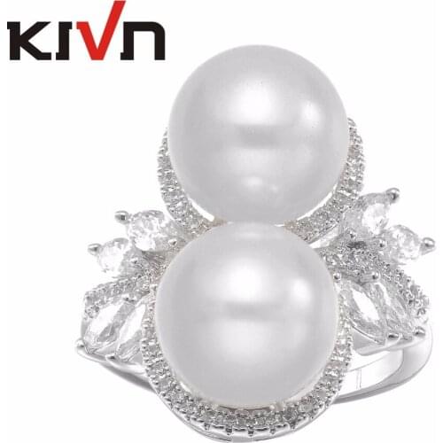KIVN Fashion Jewelry Elegant Pave CZ Cubic Zirconia Women Girls Wedding Bridal Simulated Pearl Rings Promotion Birthday Gifts
