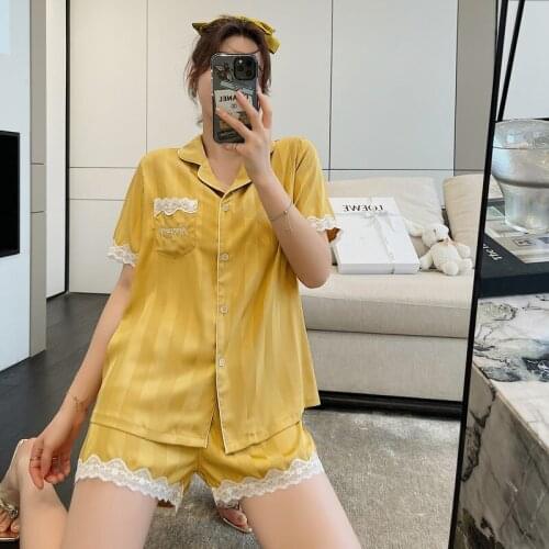 Korean Womens Pajamas Set Luxury Fashion Lace Solid Color Short Sleeve Sleepwear Satin Silk Leisure Home Clothes Nightwear