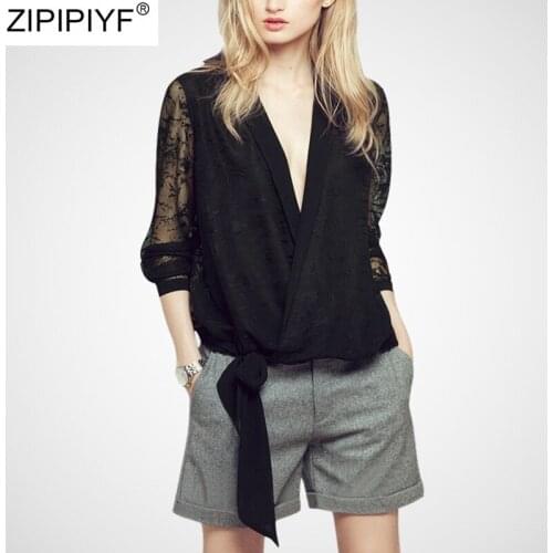 2020 New Fashion Summer Two Pieces shorts Set Casual V-Neck Long Sleeve Lace Shirt + Short Wide Leg Plaid Pant Suit