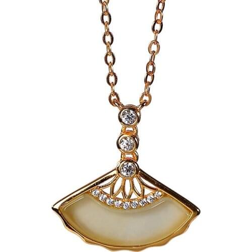 S925 sterling silver gold-plated Hetian gray jade pendant vintage fan-shaped ladies clavicle chain necklace pendant
