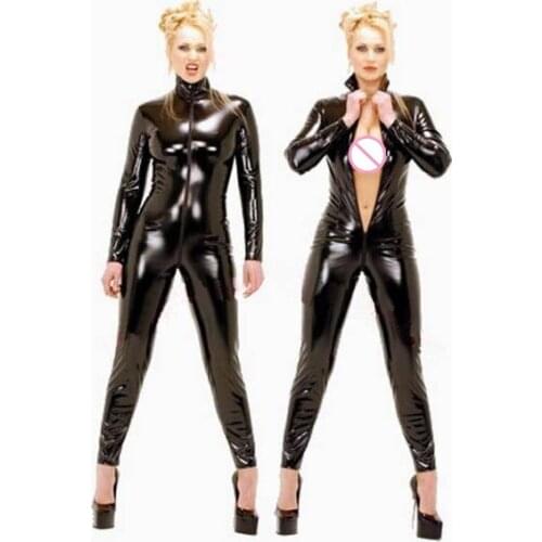 M-4XL Sexy Lady Latex PVC Catsuit Women Black Shiny Leather Jumpsuit Zipper Bodycon Nightclub Bodysuit