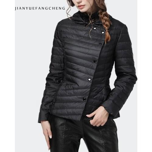 Fashion Skew Collar Black Single-Breasted Down Jacket Women Winter New Warm Long Sleeve All-Match Slim Lightly Puffer Tops 12965