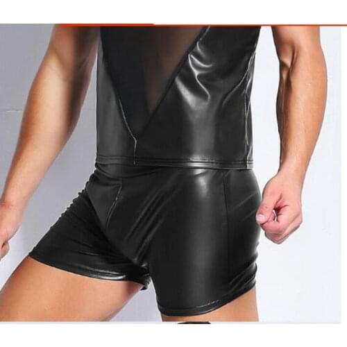 Men Black Patent Leather Skinny Pencil Pants PVC Latex Looklike Stretch Leggings Male Sexy Clubwear Sex Lingerie Short Trousers