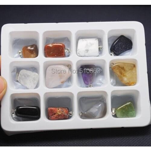 Box Stone Sets,12 Pieces /Lot,Nature Stone Pendant,Gem Stone Pendant Chip Shape,For Necklace Making,Size:12-20mm