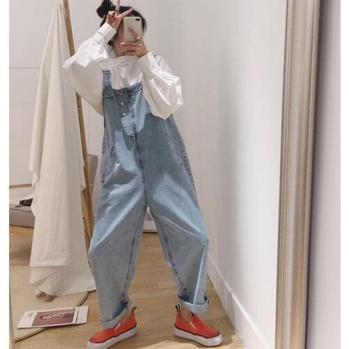 New Korean Streetwear Denim Jumpsuit Women Loose Cute Jumpsuits Casual Fashion Girls Plus Size Blue Jeans Overalls S-2XL