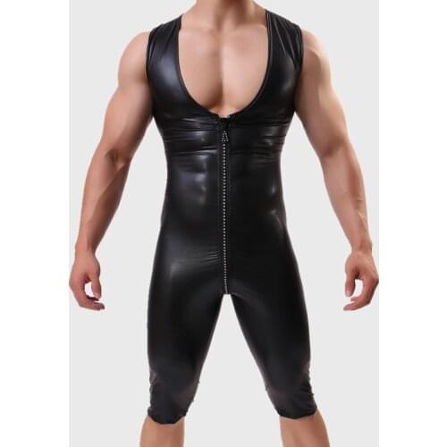 Sexy Mens Skinny Underwear Zipper Piece Suit Leather Bodybuilding Suit Bodysuits Men Jumpsuits Wrestling undershirt