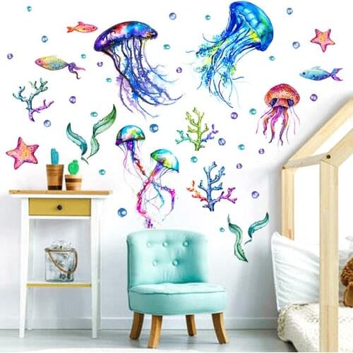 Cartoon Multicolor Jellyfish Wall Stickers for Kids rooms Bathroom Wall Decor Waterproof Vinyl Wall Decals Home Decor Art Murals