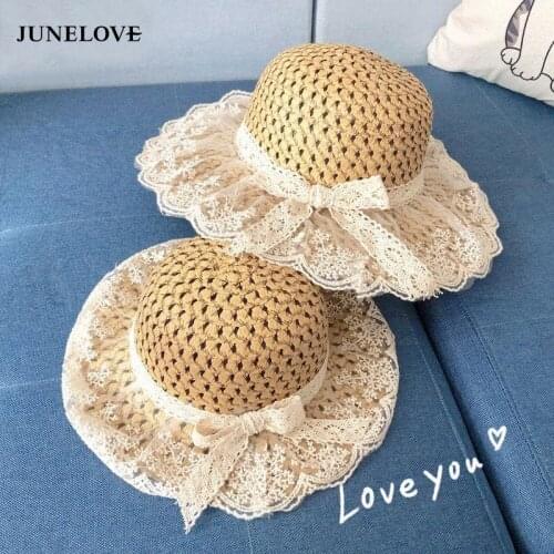 Parent-child Summer Womens Sun Hat Bucket cap beige lace Bowknot Flowers Ribbon Flat top Straw Hats Beach Caps Panama seaside