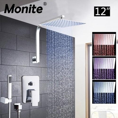 LED 12 Inch Rainfall Bathroom Shower Hand Ultra Thin Head Wall Mounted Square Style Chrome Brass Waterfall Shower Set