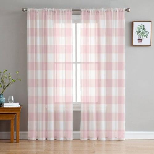 Pink Plaid Window Treatment Tulle Modern Sheer Curtains for Kitchen Living Room the Bedroom Curtains Decoration
