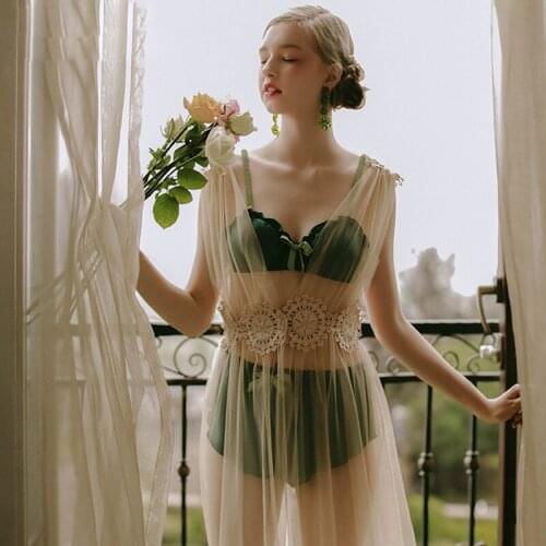 Yhotmeng sexy underwear lace sexy lingerie womens sleeveless halter V-neck sexy temptation high-end mesh nightdress lace perspe