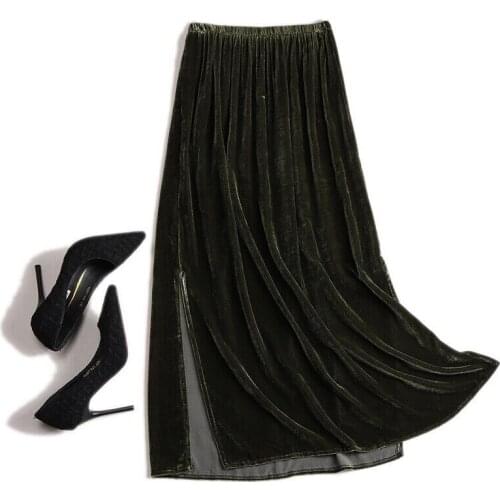 2020 New Fashion Women Long A-line Skirts Autumn Winter Elastic Waist Velour Office Skirts Vintage Velvet Party Skirt Plus Size