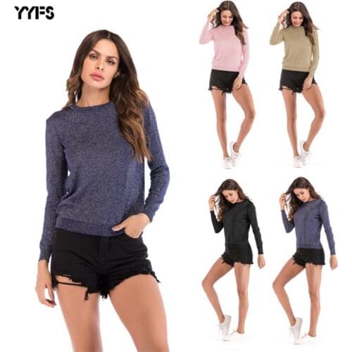 YYFS 2019 New Cotton Elegant Office Lady Rope Knitted Trim Long Sleeve Solid Pullovers Tee Autumn Casual Women T-shirt And Tops