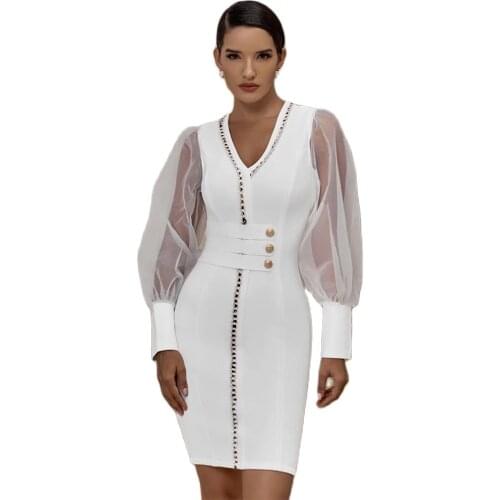 2021 Long Sleeve Transparent V-neck Shot Skirt Hollow-out Split Sexy Lace Bandage Solid Color Women Dress Sequin Dresses