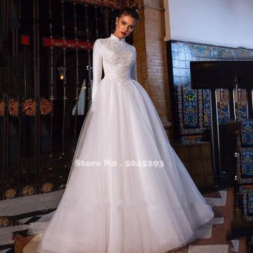Arabic Muslim Wedding Dress 2021 High Neck Long Sleeves Tulle Satin A-Line Vintage White Bride Gowns Vestidos Undefined Online