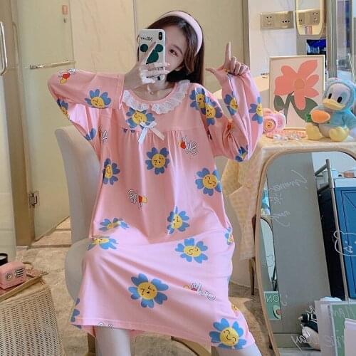 2020 Autumn Long Sleeve Print Nightgowns for Women Loose Long Dress Cute Lace Sleepwear Night Dress Home Dress Nightdress Nighty