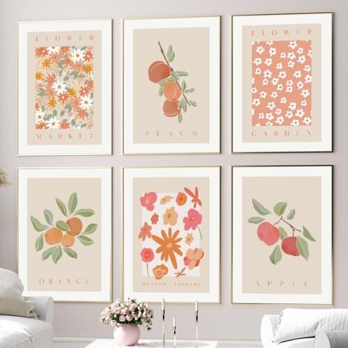 Abstract Flowers Coral Orange Pear Apple Wall Art Canvas Painting Nordic Posters And Prints Wall Pictures For Living Room Decor