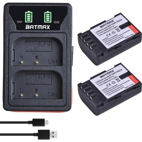 2X 1860mAh DMW-BLF19E DMW-BLF19 Camera Battery + LED Dual USB Charger with Type C Port for Panasonic Lumix GH3 GH4 GH5