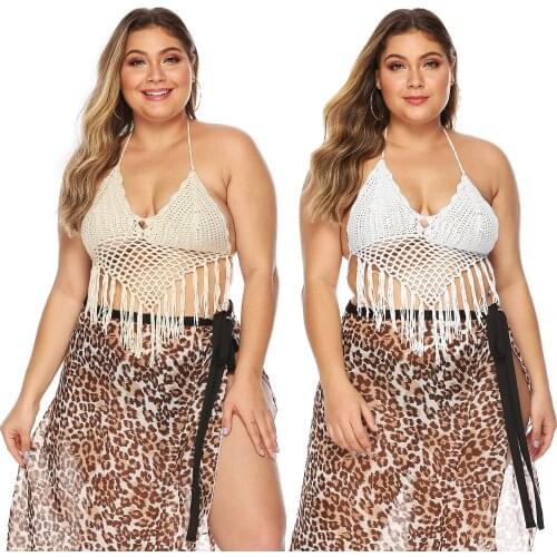 Large Size Womens Top Pure Hand Hook Ethnic Style Stitching Tassel Sexy Cutout Halter Beach Bikini Plus Size Swimwear Women