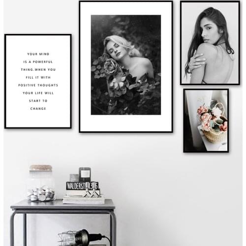 Black White Girl Flower Peony Quotes Wall Art Canvas Painting Nordic Posters And Prints Wall Pictures For Living Room Home Decor