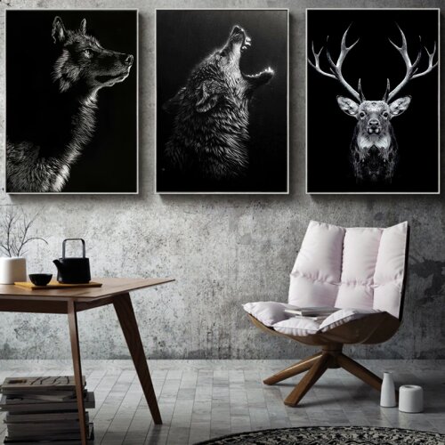 Black and White Wolf Deer Pictures Canvas Painting Animal Wall Art Poster Prints Abstract Picture for Living Room Home Decor