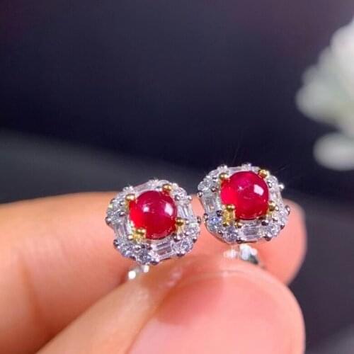Elegant lovely cute round natural red ruby stud earrings Natural red gemstone earrings 925 silver girl wedding gift jewelry