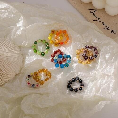 Glazed Flowers Ring Flowers Rings Vintage Ring Bead Ring Finger Ring Jewelry Elastic Ring Hand Woven Beaded Elastic Ring