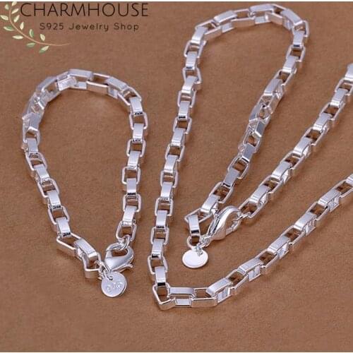 Charmhouse Silver 925 Jewelry Sets For Men 4mm Long Box Chain Bracelet & Necklace Pulseira Collier 2pcs Costume Jewelry Set Gift