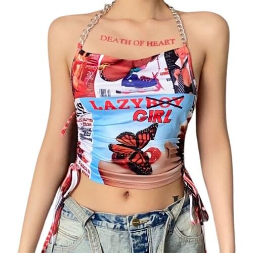 Summer Women Fashion Halter Backless Print Tops Stylish Sleeveless Lace-up Crop Top for Ladies