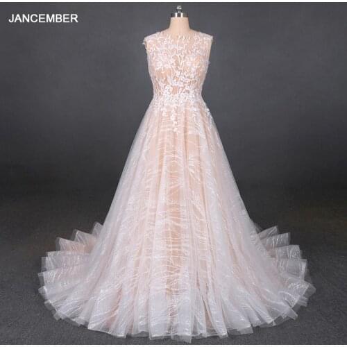 LSDZ15 JANCEMBER Champagne O-Neck Tank Sleeveless Crystal Wedding Dress 2020 A-Line Zipper With Back Appliques