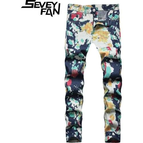SEVEYFAN Hi Street Mens Fashion Tie Dye Painted Jeans Plus Size 42 Loose Straight fit Denim Pants Streetwear for Male