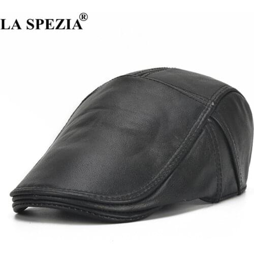 LA SPEZIA Men Leather Flat Cap Black Berets Male Natural Cow Leather Adjustable Driver Hats Casual Autumn Winter Directors Caps