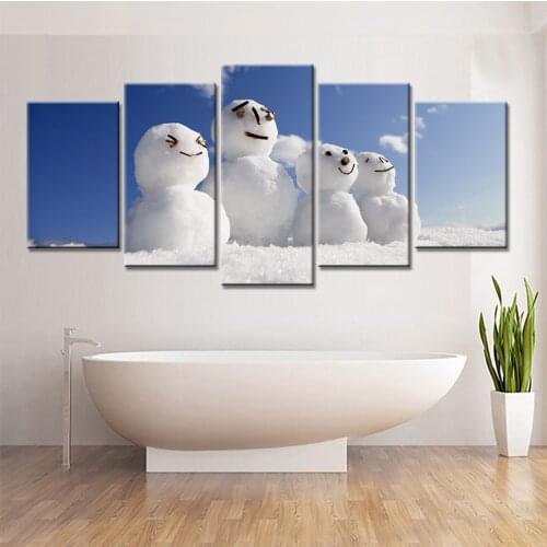 5-Piece Set of Hd Snow Scene Canvas Painting Cartoon Snowman Art Poster Decoration Bathroom Modular Wall Painting Without Frame