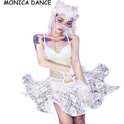Nightclub DS DJ Singer Dancer Stage Wear Sexy Beading Bikini Lace Skirt Headdress Dance Outfit Party Show Catwalk Costume