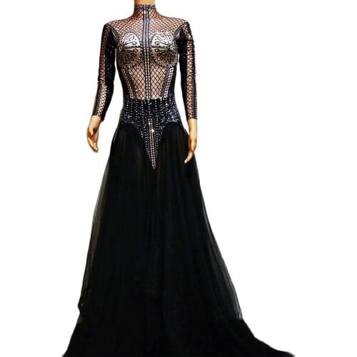 Nightclub Dance Show Wear Rhinestones Plaid Printing Black Mesh Gauze Dresses Backless Floor-Length Dress Stage Outfit Women