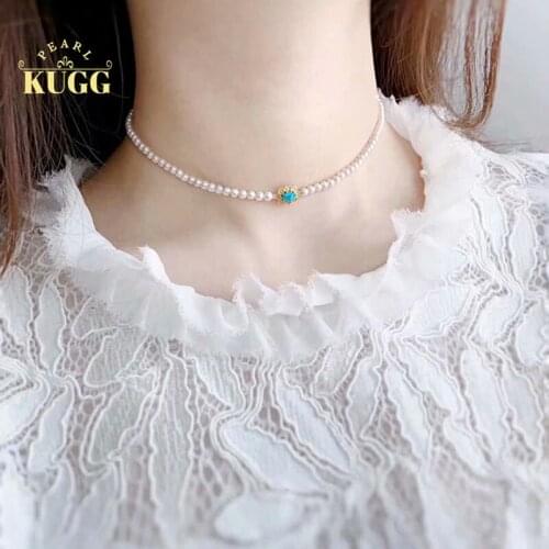 KUGG PEARL 18K Solid Yellow Gold Necklace Natural Freshwater White Pearl Jewelry Women Engagement Necklace Fashion Opal Choker