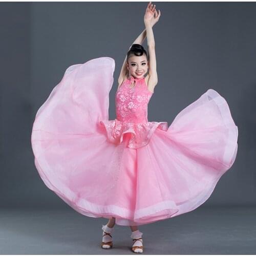 Girls Latin Dance Dress For Girls Pink Lace Competition Clothes Ballroom Dance Dresses Stage Outfits Practice Clothes SL2291