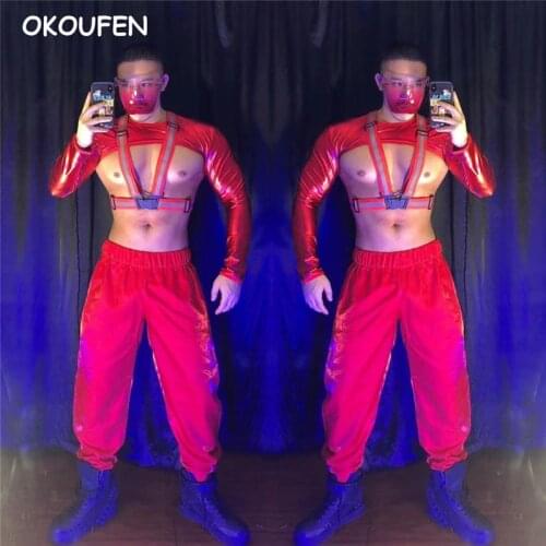Sexy Red hip-hop Tide Stage Team dance costume Nightclub Bar DS Male Singer DJ lead dancer Suit Costumes