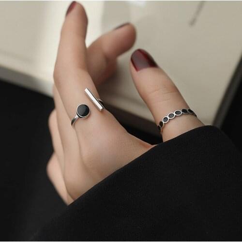 A Girl' Punk Style Silver Circular Geometry Rings Black Drop Glaze Rings For Cool Fashion Women Girl Gift jewelry