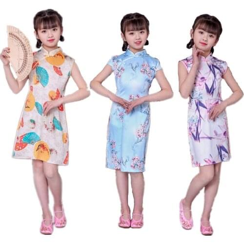 Silk Girl Qipao Dress Chinese Children Chi-Pao Cheongsam Dresses Traditional Costume Tang Clothes One-Piece Outfits Pettiskirt