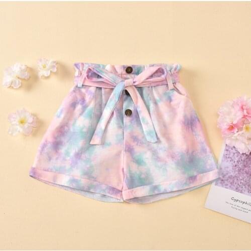 2020 Baby Summer Bottoms Baby Girl Tie Dye Shorts Toddler Elastic Waistband Rolled Bottoms Lace-up Shorts with Decorative Button