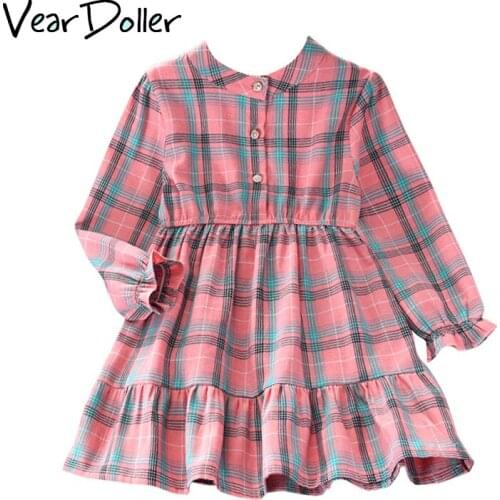 VearDoller Girls Plaid Dresss Long Sleeve Kids Dresses for Girls 4-12Years Childrens Clothing Button Decoration Casual Dress