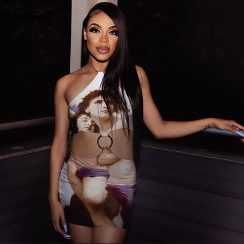 Womensoff Shoulder Angel Print Dress Strapless Ring Patchwork Short Summer Dresses Casual Sexy Clubwear Womens Clothing