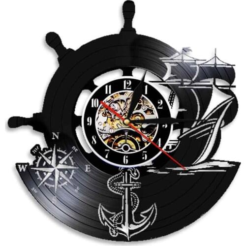 Anchor Ship Naval Compass Vinyl Record Wall Clock Nautical Vintage Modern Hanging Watches Sailors Art Captain Sailing Gift