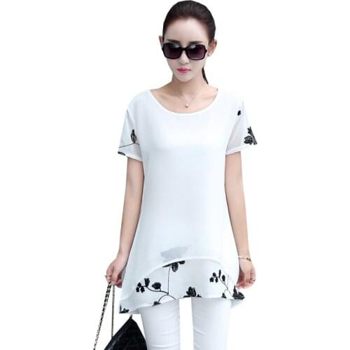 Summer Floral Embroidery Blouse Shirts Women Casual Loose Chiffon Tops Elegant Slim Short Sleeve Blouse Plus Size Blusas AB269