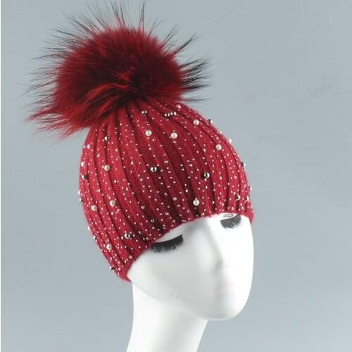Women Hat Winter Angora Pearl Real Raccoon Fur Pompom Knit Beanie Warm Skiing Outdoor Accessory Girl Teenagers Adult