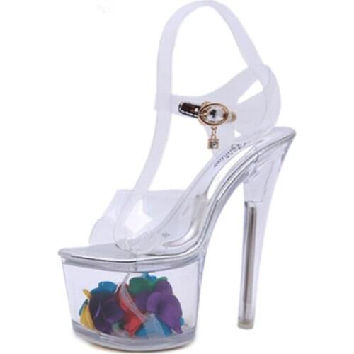 2020 summer car model shoes super high heels 17CM thin heel platform sandals nightclub transparent crystal sandals