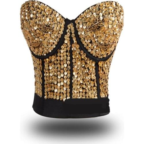 Plus Size Golden Sliver Sequin Bra Bra Top Women Sexy Push Up Strapless Bustier Underwear Punk Lingerie For Disco Dance Clubwear