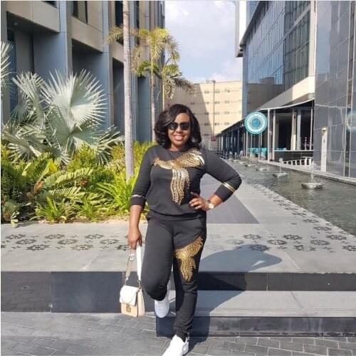 Tilapia fashion sequined top and pants two pieces solid women set 2in1 casual black elastic loose suit